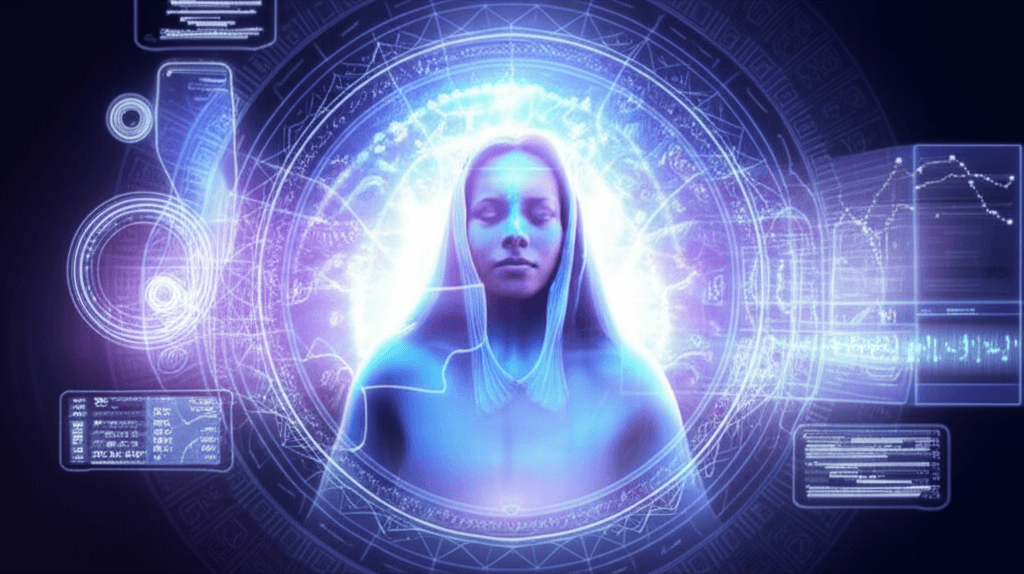 Artistic representation of the NUMO Oracle, symbolizing guidance and future insight with ethereal light and futuristic interfaces
